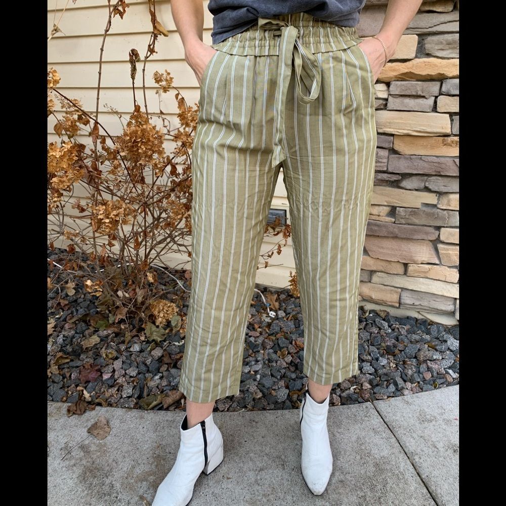 Zara Trafaluc sage/white stripes ankle length pants, drawstring waist tie, Small